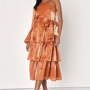 Lulu's Sweet Excellence Shiny Rust Orange One-Shoulder Tiered Dress